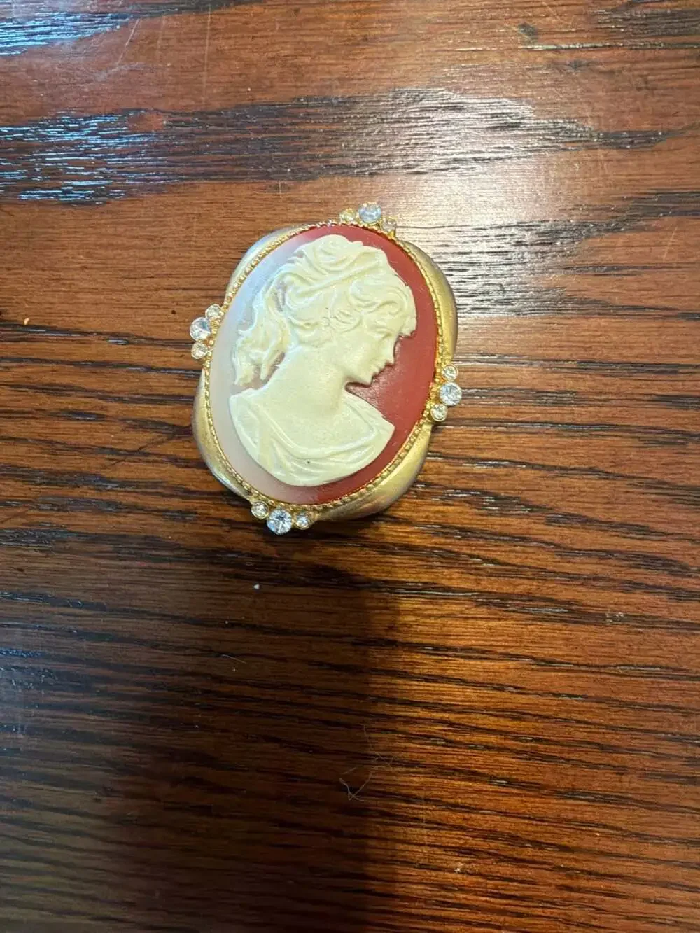 Vintage Lady Portrait Cameo Scarf Clip with Gold Tone and Rhinestone Accents
